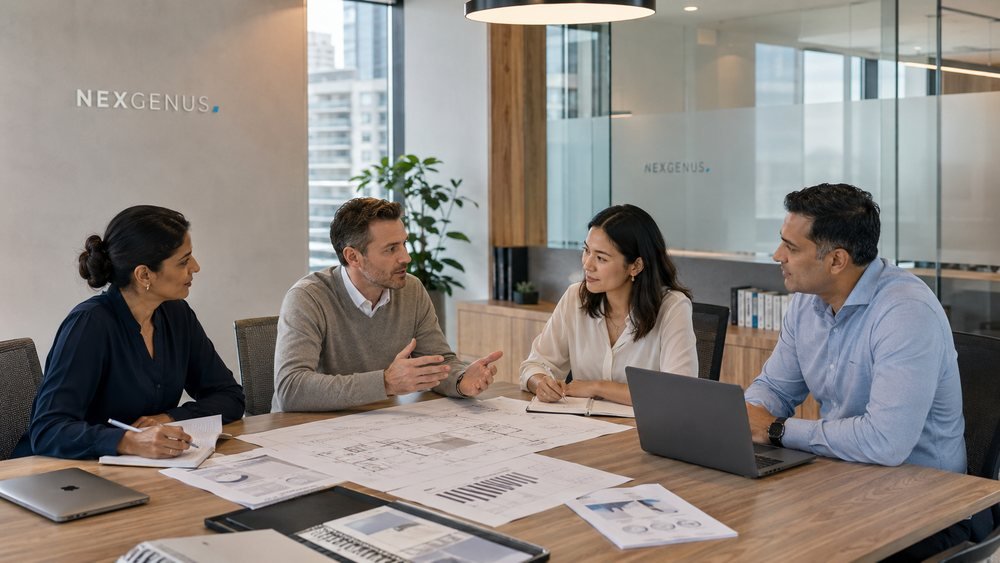 An Australian construction client and the NexGenus team reviewing drawings and take-offs at a meeting table