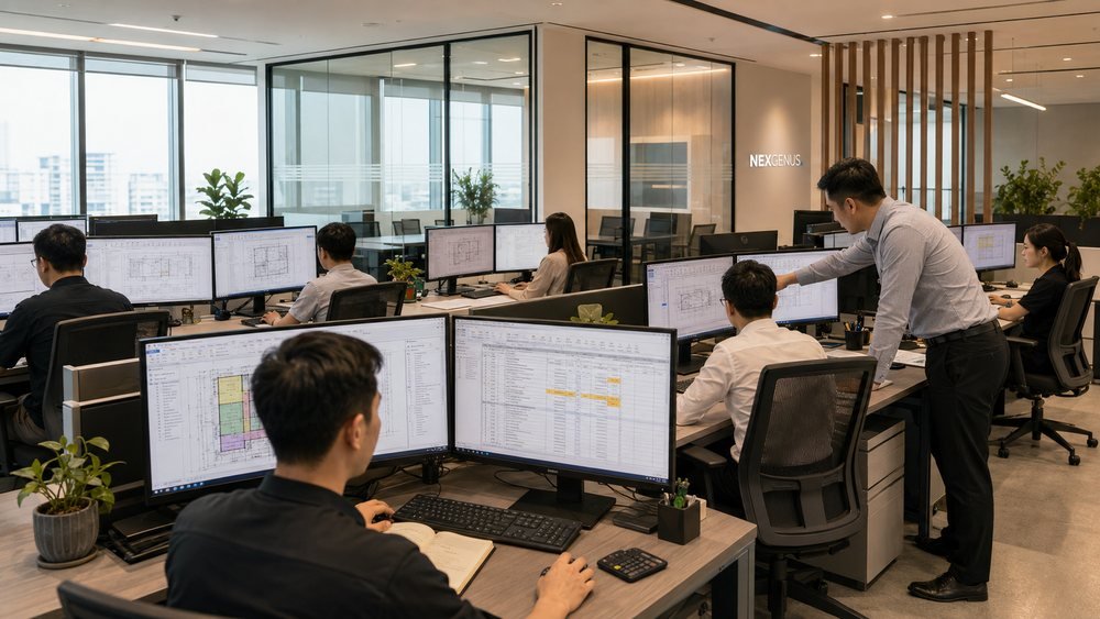 Detailers and estimators at dual-monitor workstations in a NexGenus delivery centre, working on Australian drawing sets