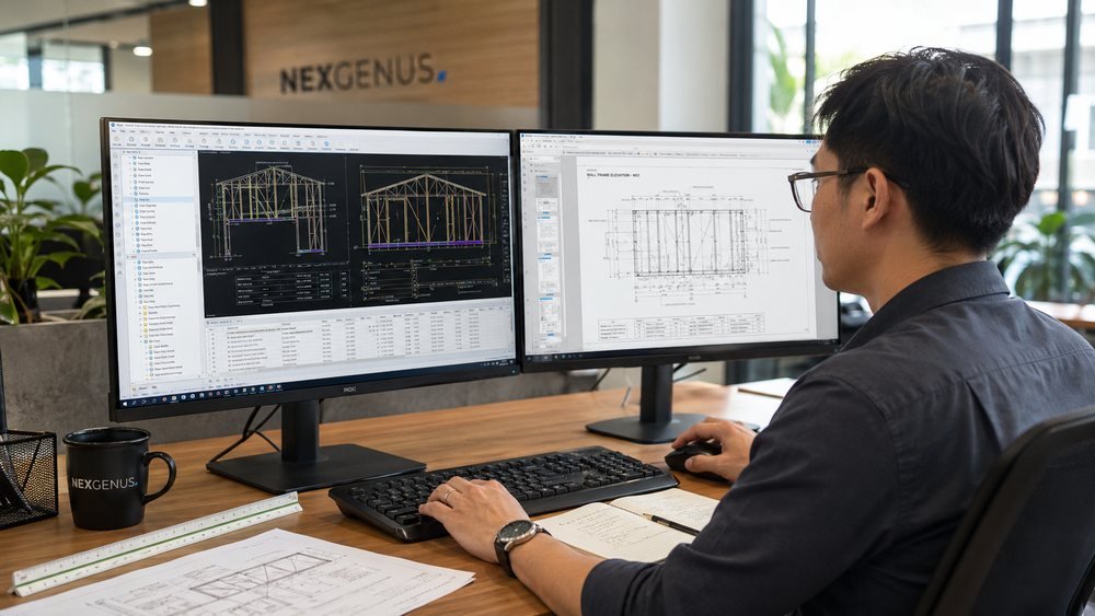 A detailer at a dual-monitor workstation working on a truss layout and a wall frame elevation