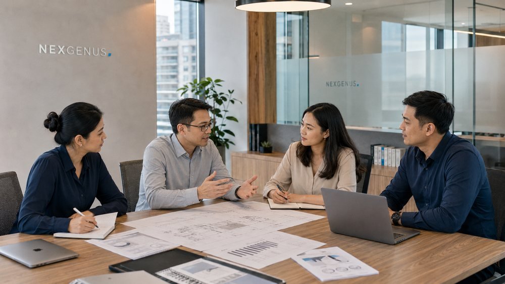 An estimating team working through drawings and take-off sheets around a table